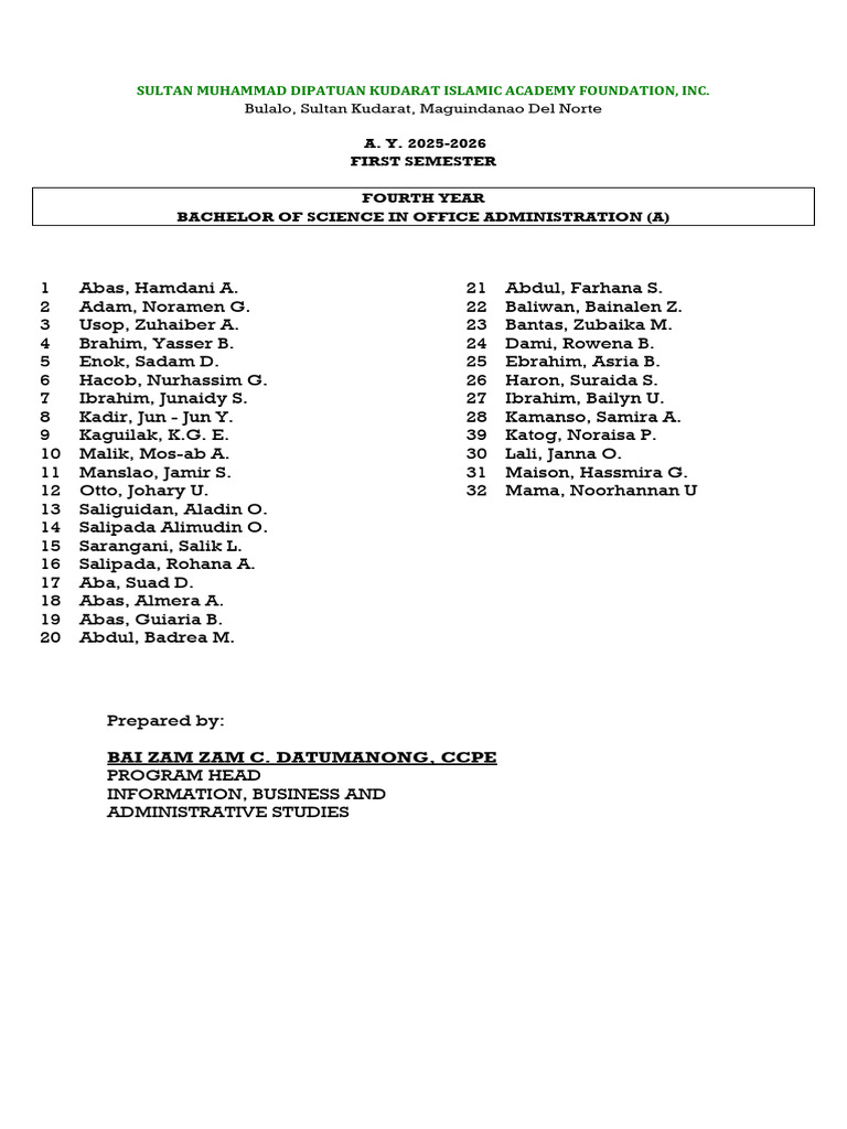 Fourth Year Office Administration List | PDF
