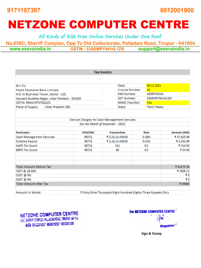 010 Invocie Netzone Computer Centre Sep 2021 Paytm Invoice | PDF
