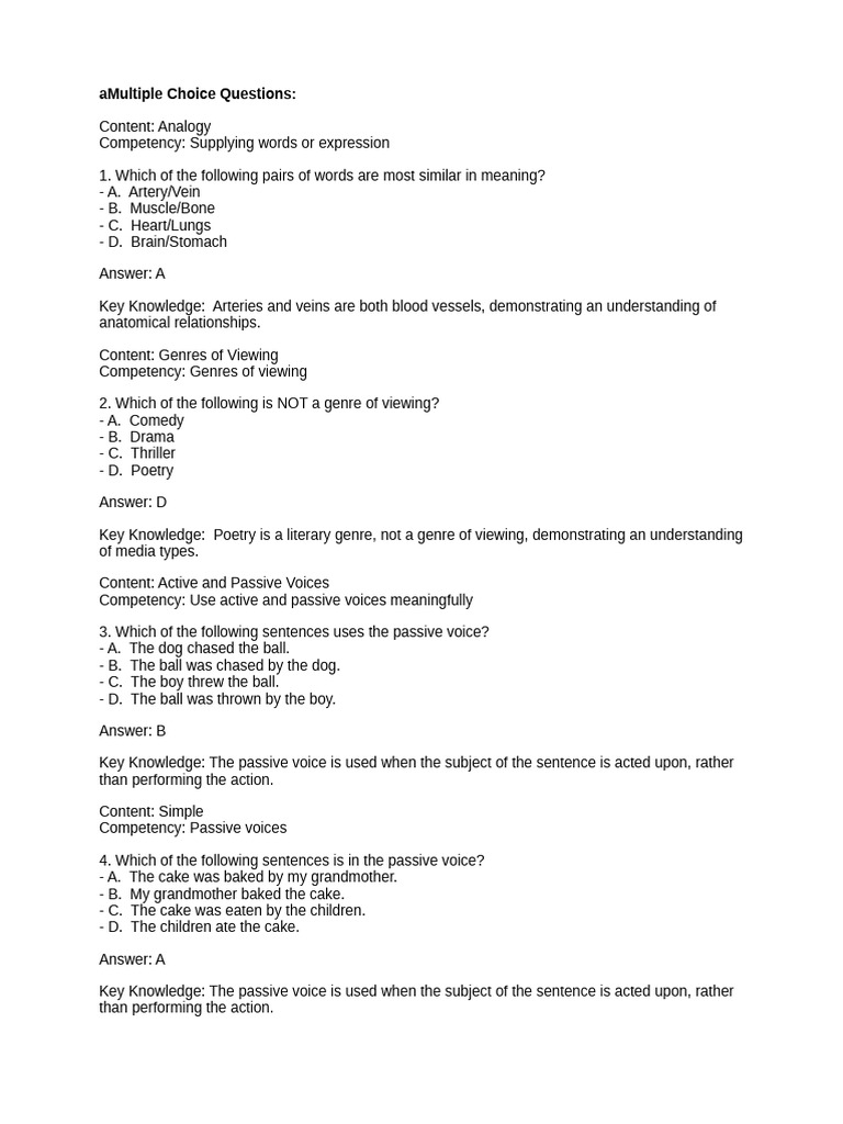 Multiple Choice Questions on Grammar Concepts | PDF | Subject (Grammar ...