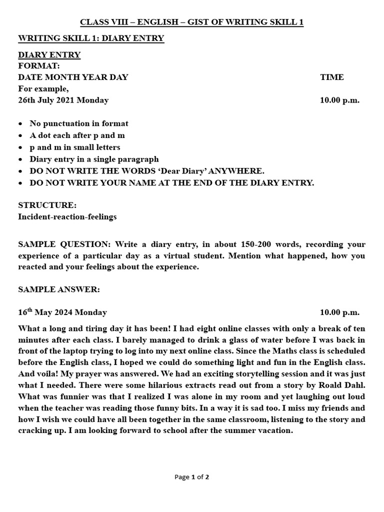 Diary Entry Writing Guide for Students | PDF