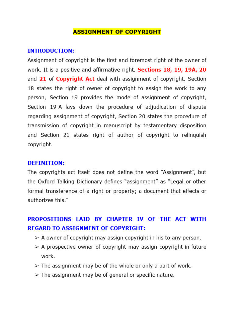 Copyright Assignment Explained: Key Sections | PDF | Assignment (Law ...