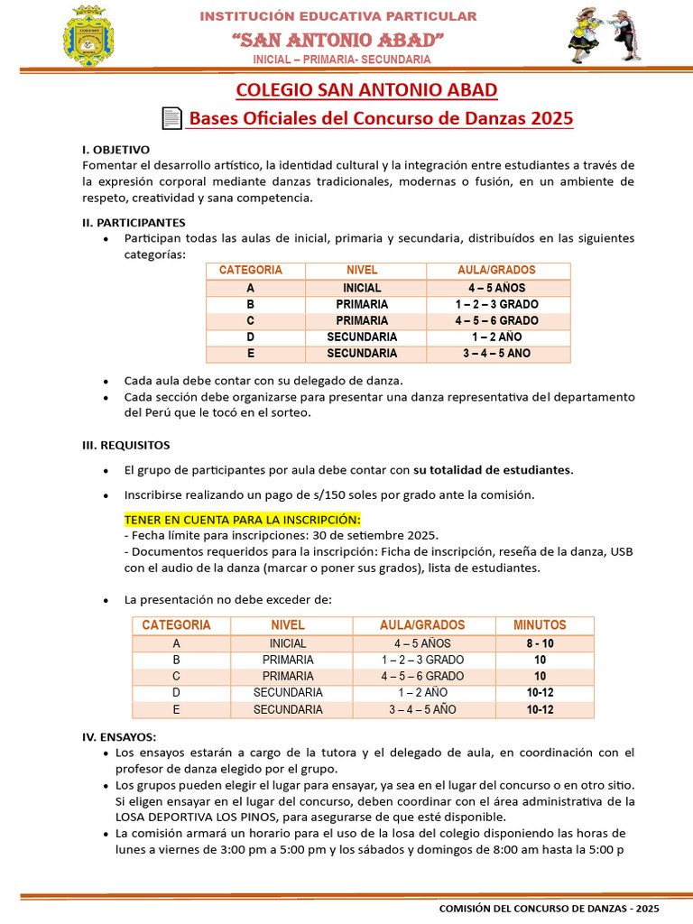 Bases Concurso de Danzas 2025 San Antonio Abad | PDF | Bailes