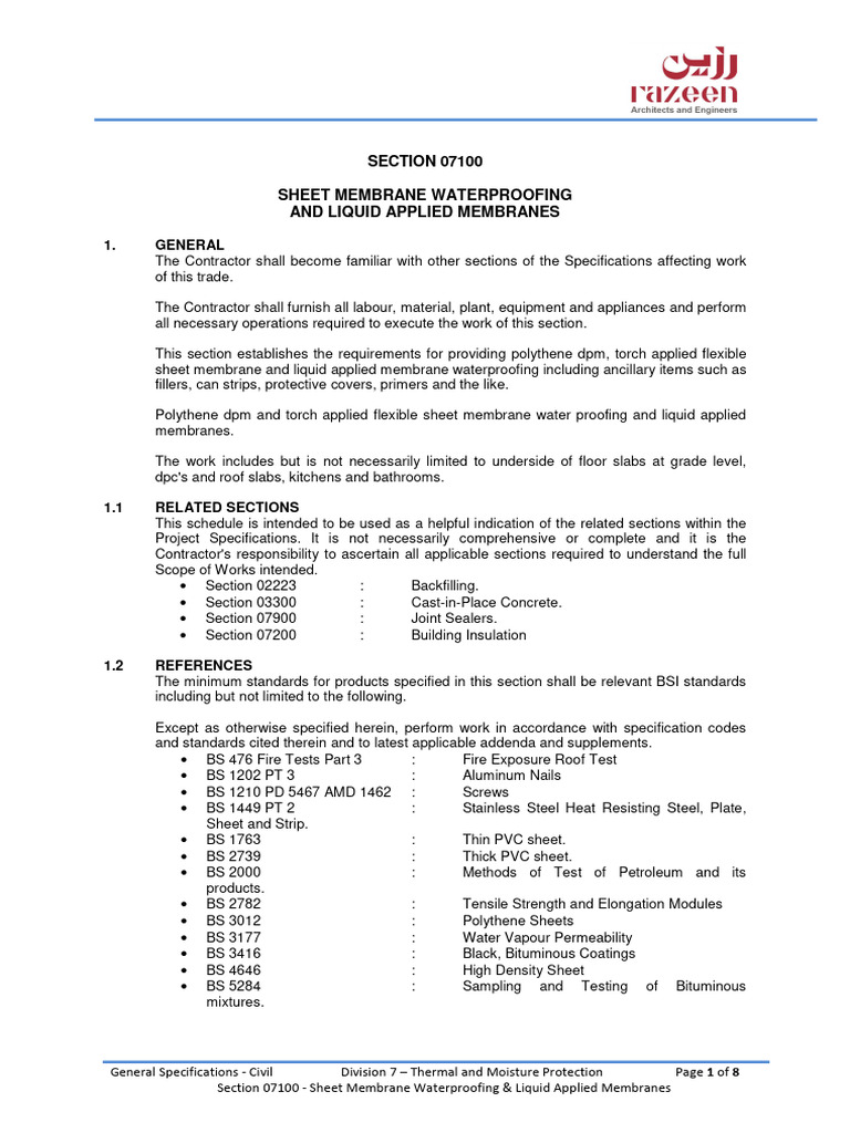 Sheet Membrane Waterproofing Specs | PDF | Coating | Roof