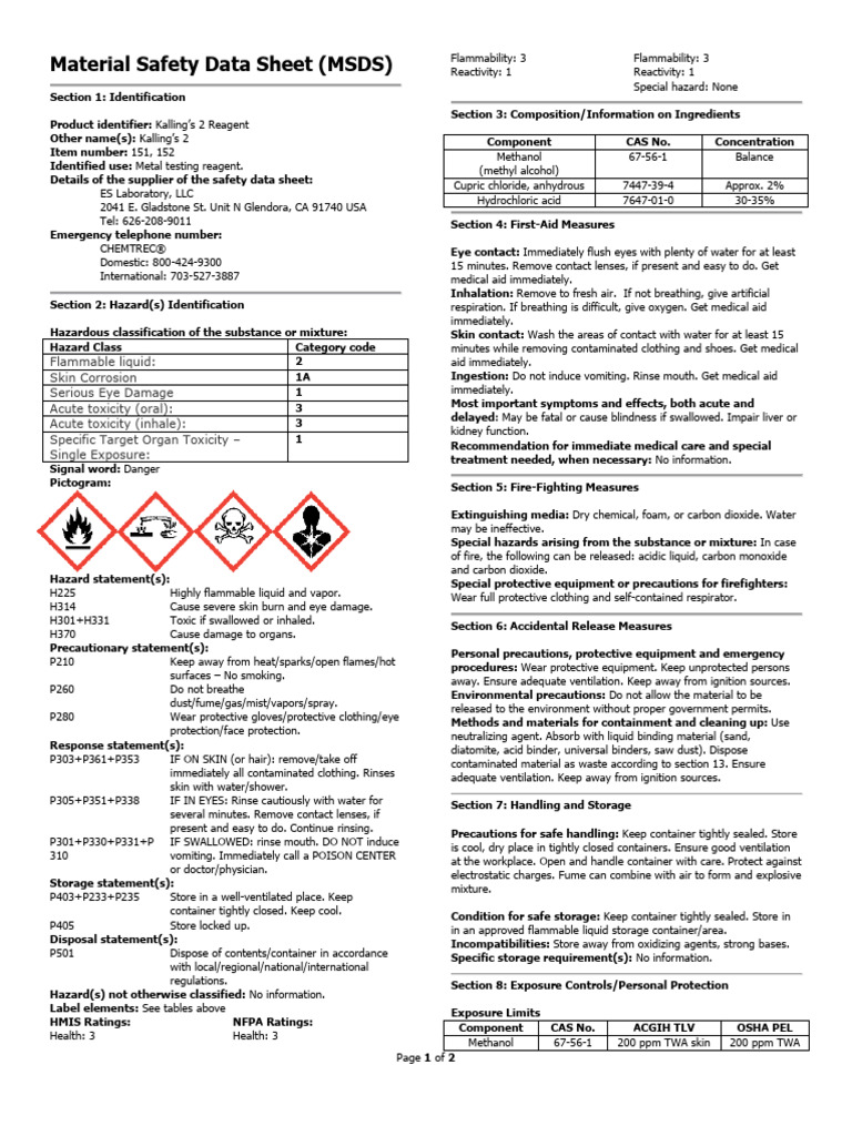Kalling’s 2 Reagent MSDS Guide | PDF | Toxicity | Personal Protective ...
