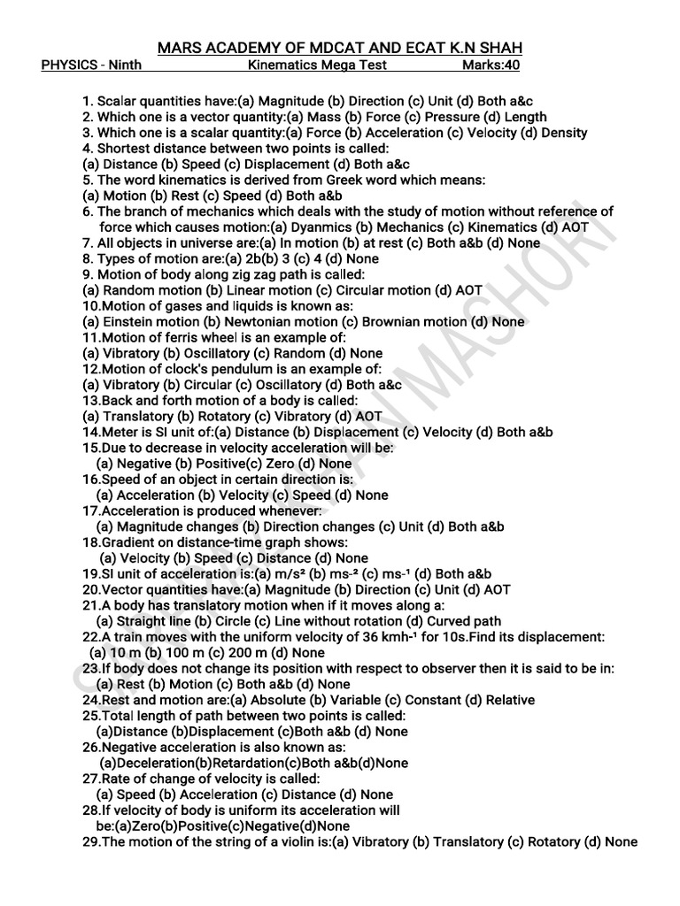 Kinematics Ninth Mega Test | PDF | Acceleration | Velocity