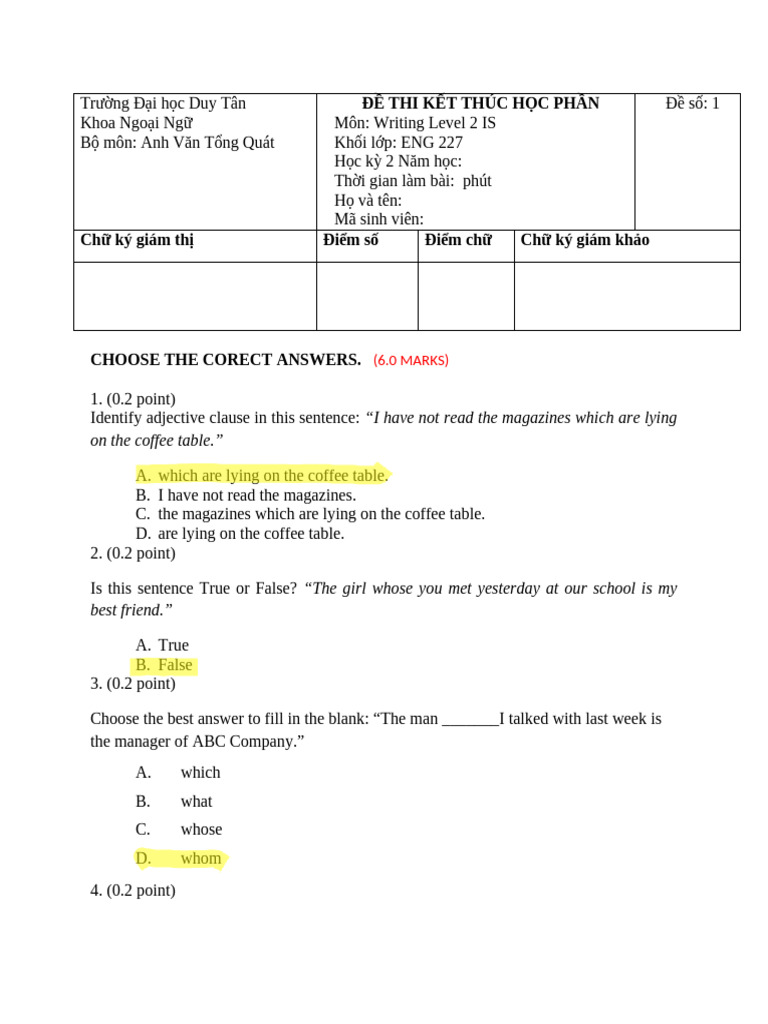 Writing Level 2 Exam Paper ENG 227 | PDF | Grammar | Linguistics