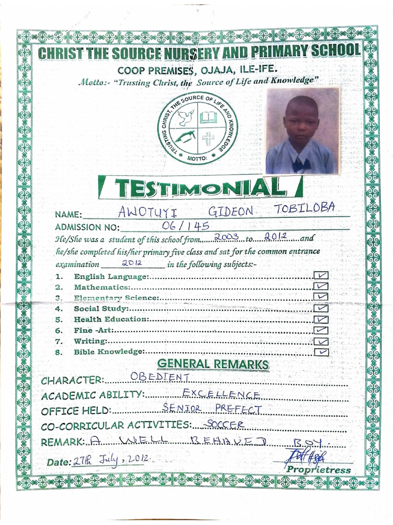 Gideon Awotuyi Primary School Certificate | PDF