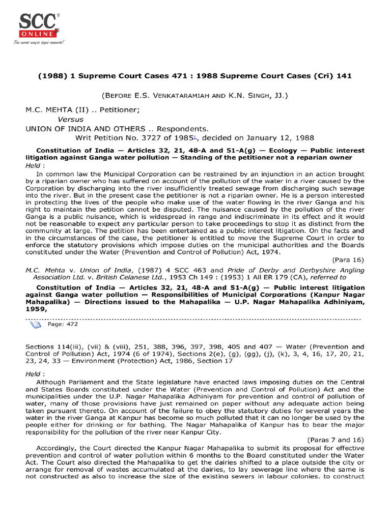 5 M C Mehta V Union of India AIR 1988 SC 1115 Municipalities Case | PDF ...