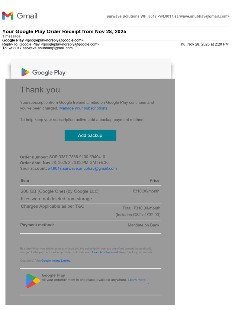Google Play Order Receipt for 200 GB | PDF