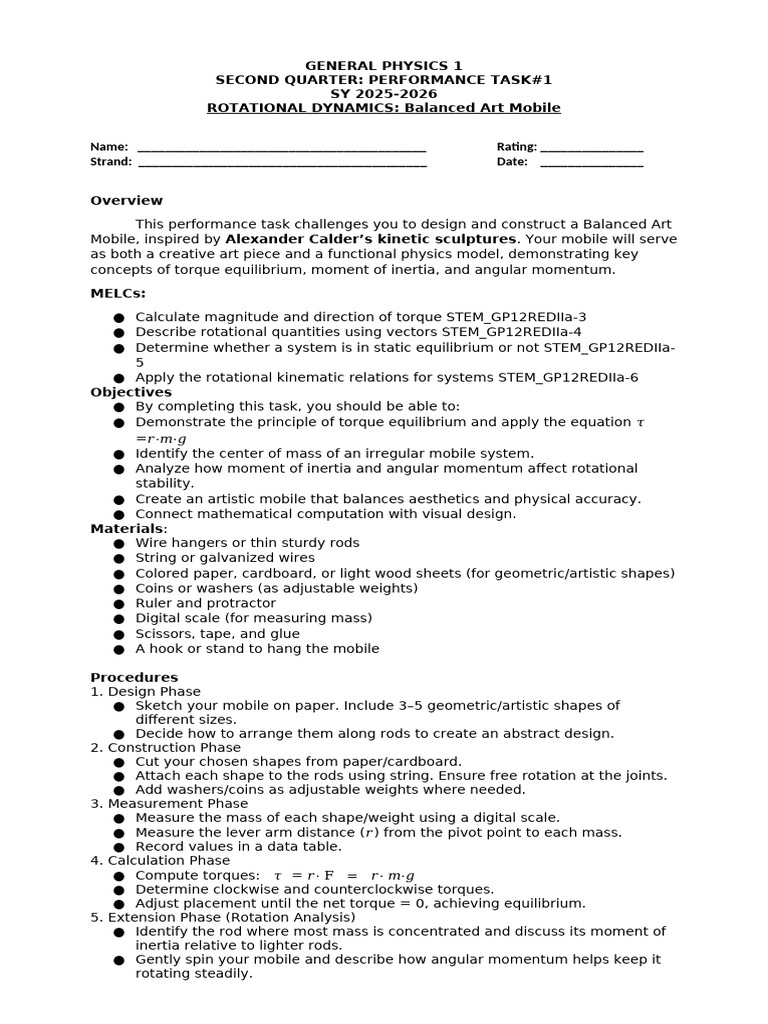 Balanced Art Mobile Project Guide | PDF | Torque | Rotation
