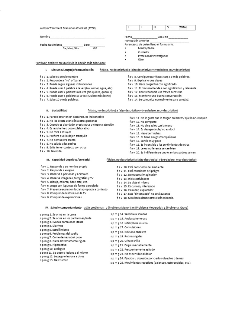 Evaluación ATEC para Autismo: Guía Completa | PDF | Autismo | Sicología