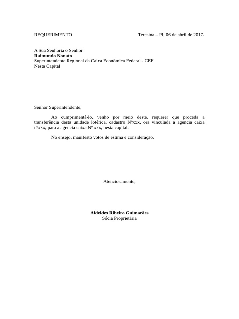 Requerimento de Transferência de Lotérica | PDF