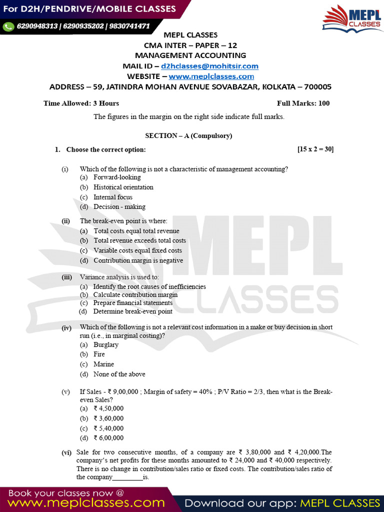 Cma Inter - Paper 12 - Management Accounting - QP | PDF | Budget ...