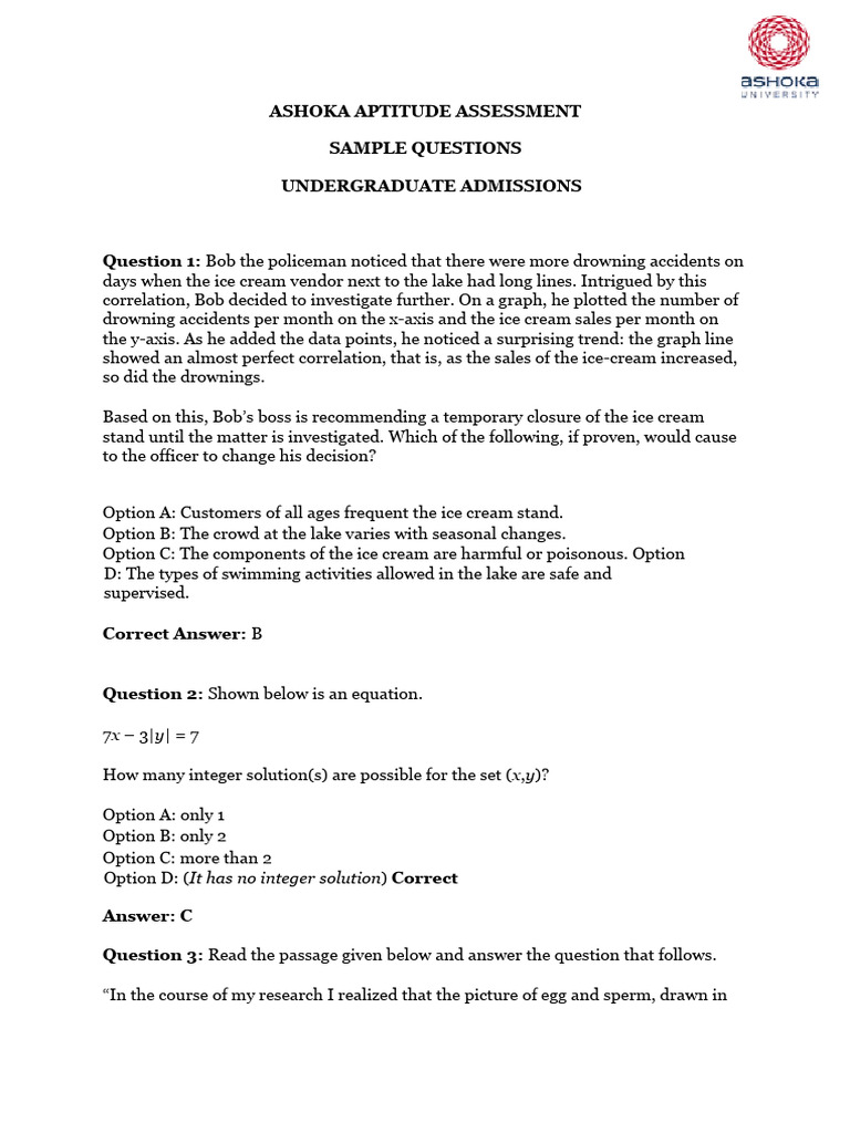 Ashoka Aptitude Assessment Sample Questions | PDF | Breads