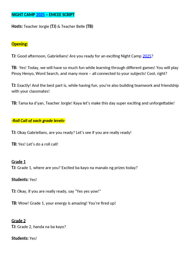 Night Camp 2025 Emcee Script | PDF