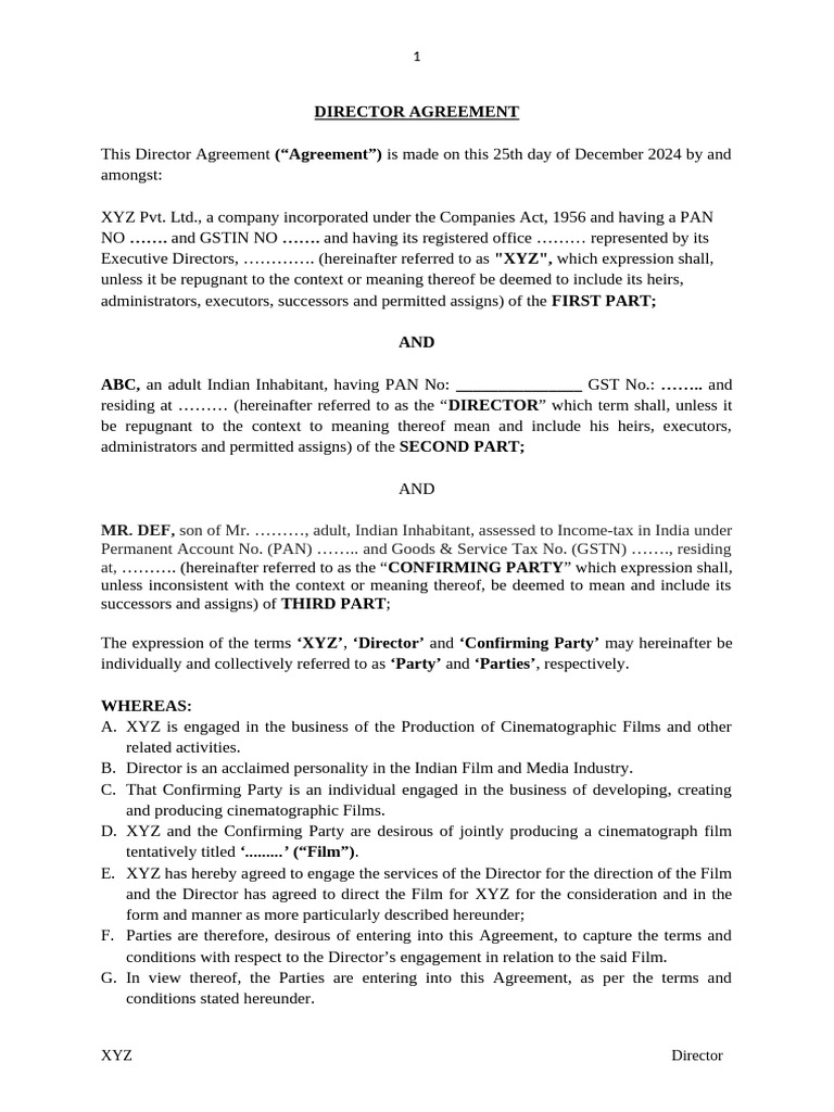 Director Agreement - Sample | PDF | Indemnity | Breach Of Contract