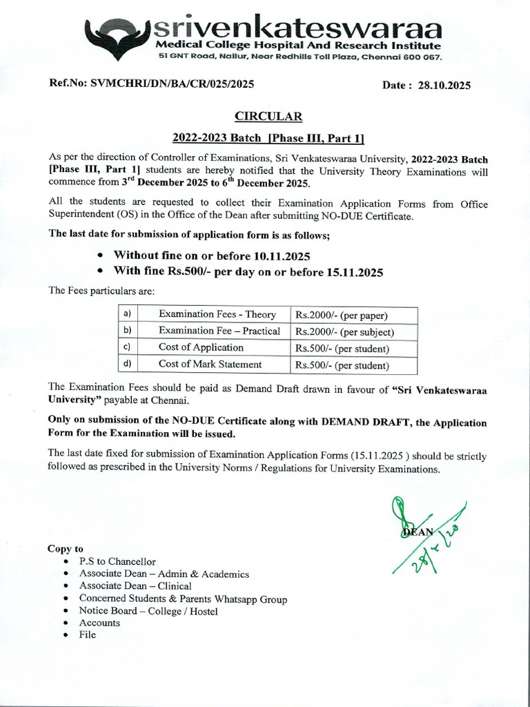 2022-2023 Batch (Phase III Part 1) -University Examination Fees | PDF