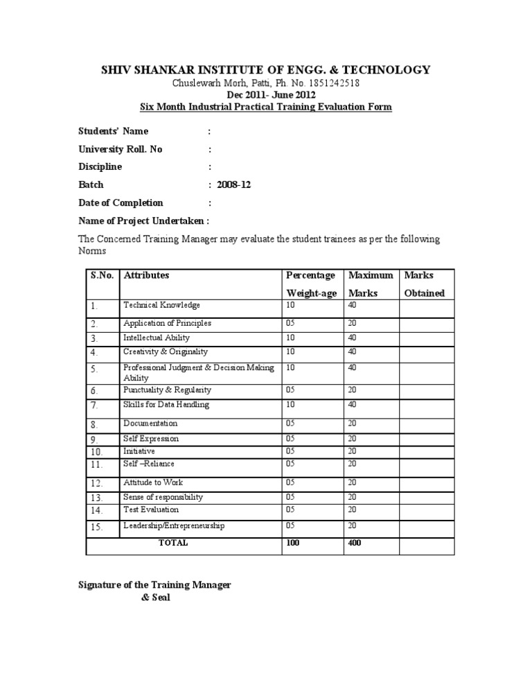 Industrial Training Evaluation Form | PDF