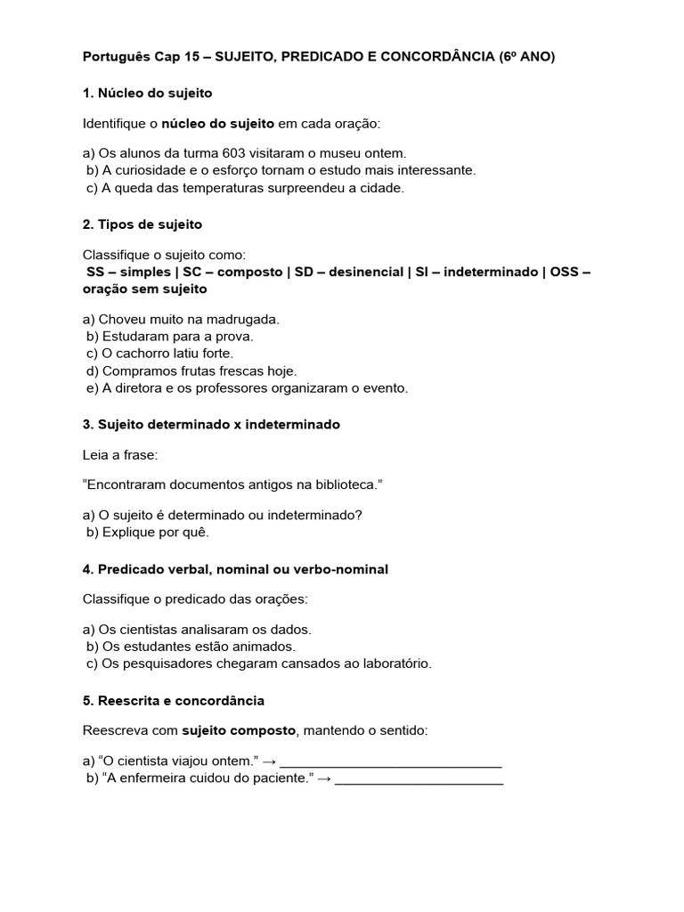 Sujeito e Predicado: Guia Completo 6º Ano | PDF | Assunto (gramática ...