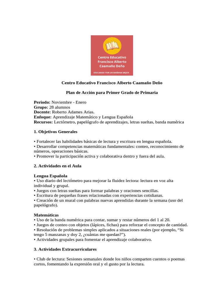 Plan de Acción Educativa para Primer Grado | PDF | Aprendizaje ...
