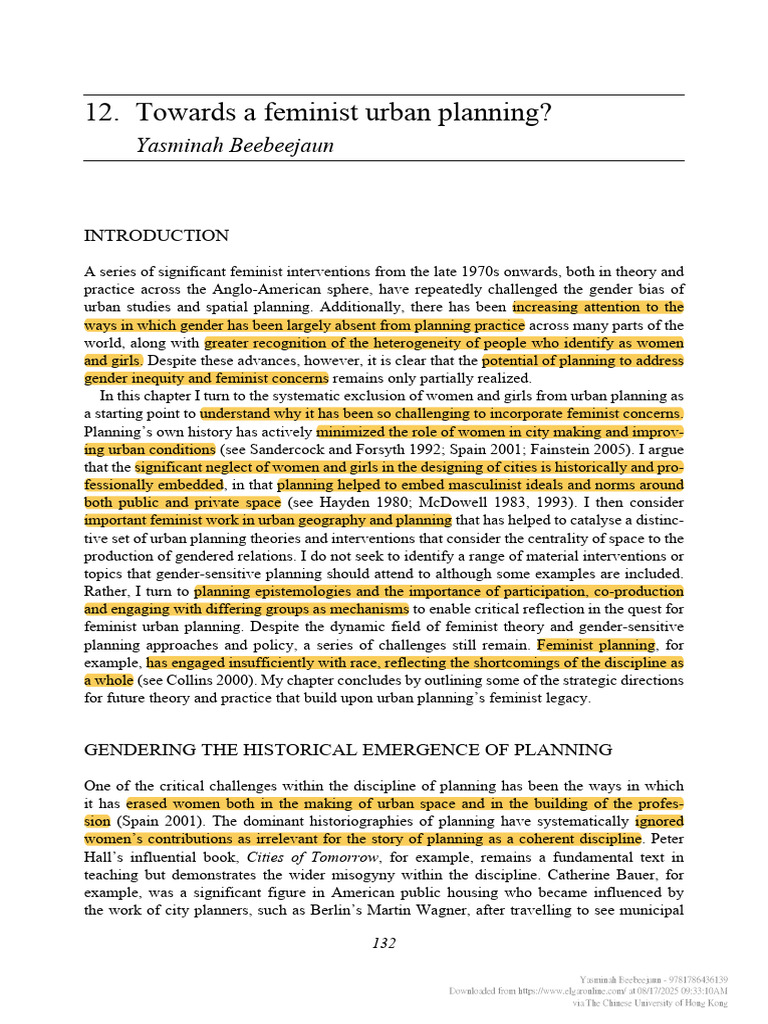 Feminist Perspectives in Urban Planning | PDF | Feminism | Gender Studies