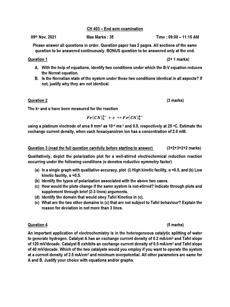 CH 403 End Sem Exam: Electrochemistry Concepts | PDF | Catalysis ...