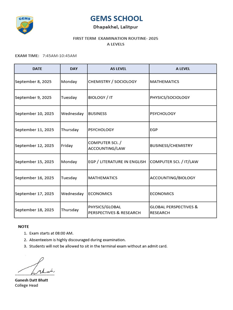 Routine a Levels First Term 2025 | PDF