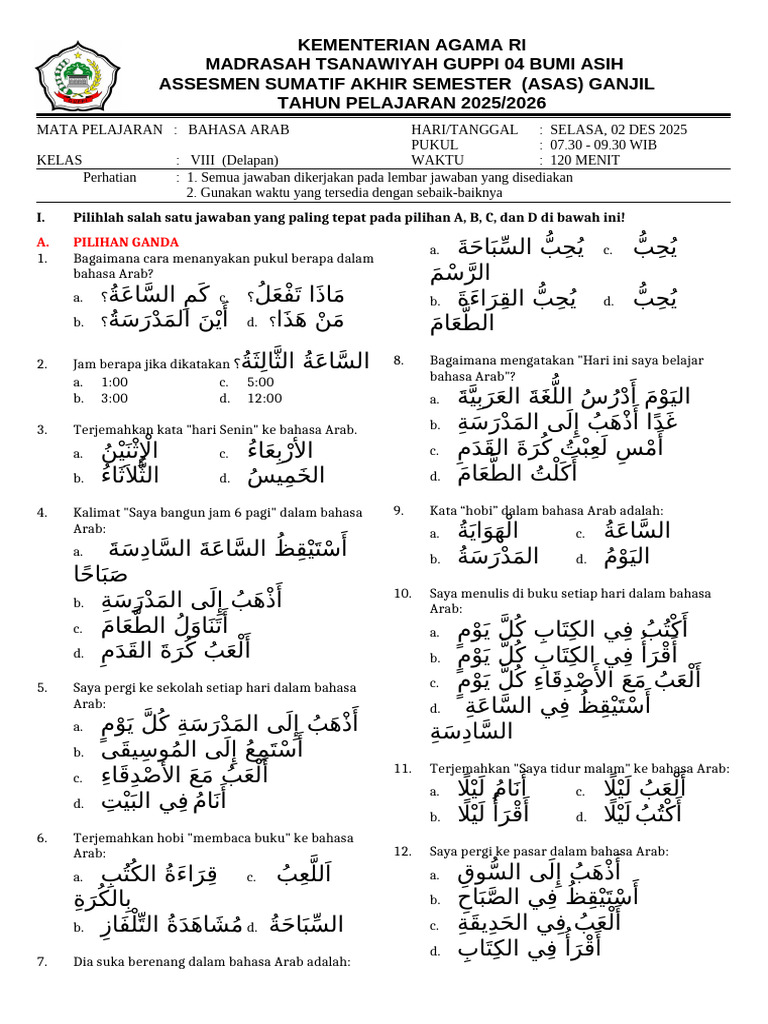 Soal Ujian Bahasa Arab Kelas VIII | PDF