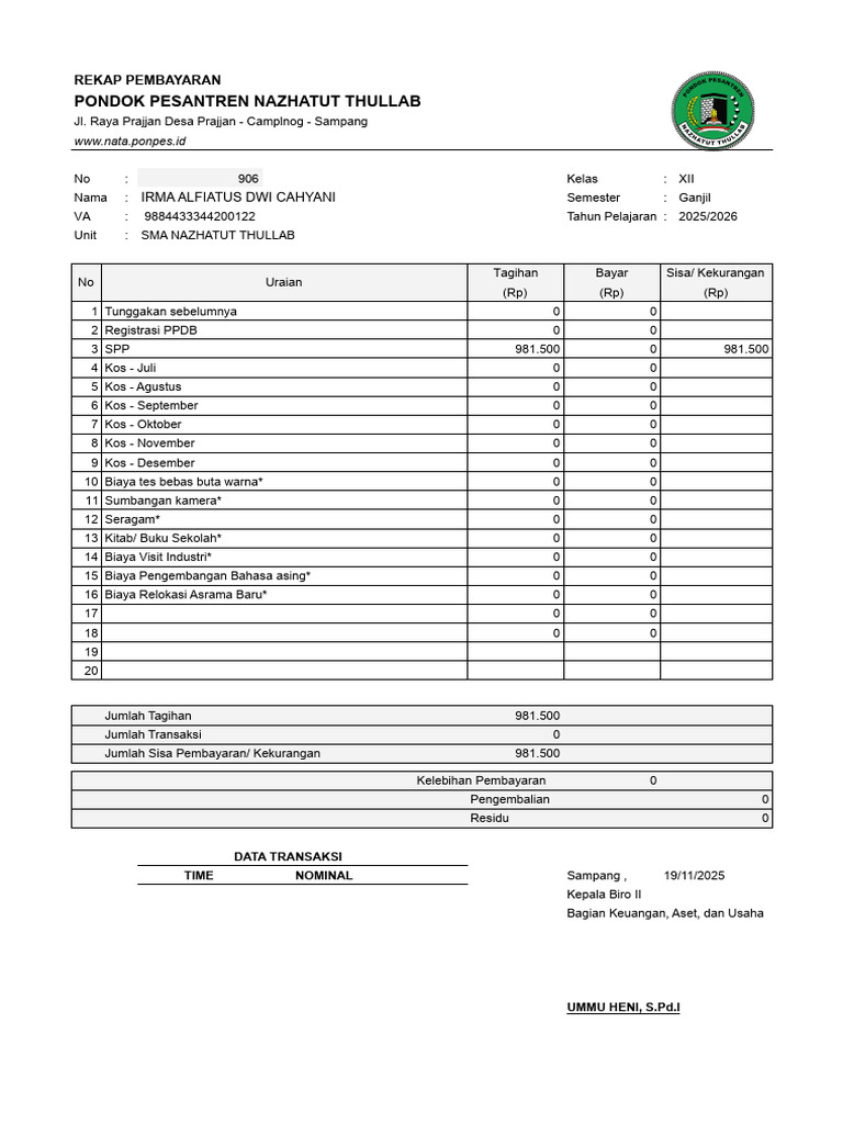 Rekap Pembayaran SPP Pondok Pesantren | PDF