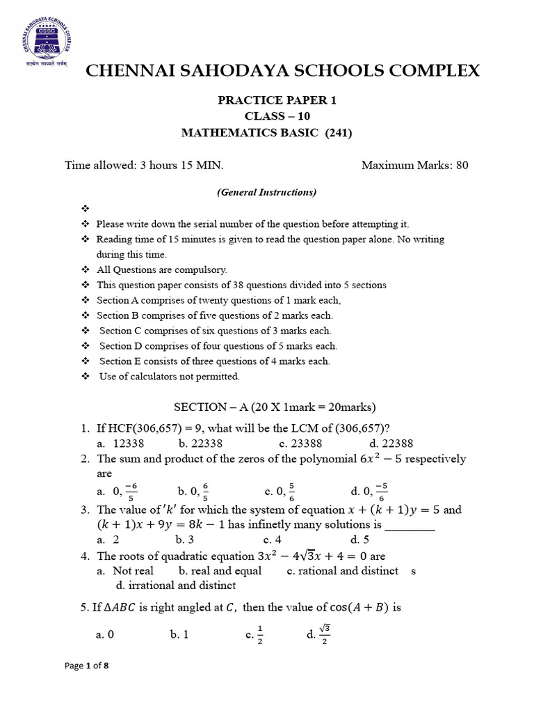 Class 10 Mathematics Practice Paper | PDF | Circle | Numbers