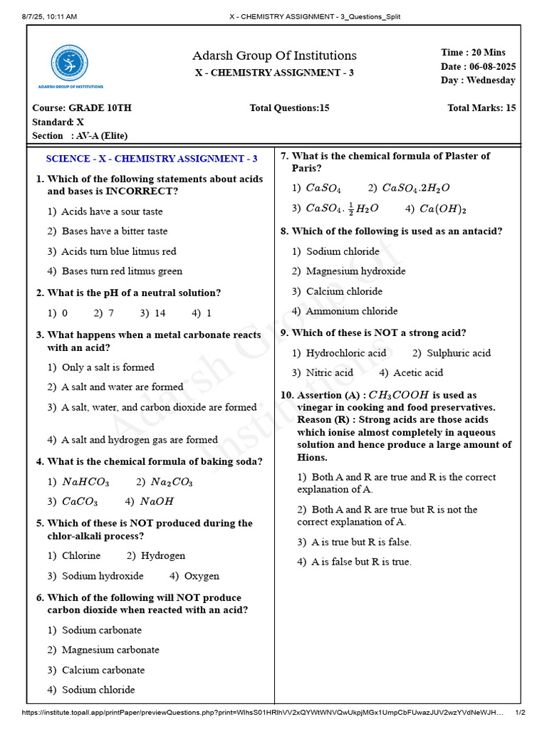 Grade 10 Chemistry Assignment 3 | PDF | Acid | Sodium Carbonate