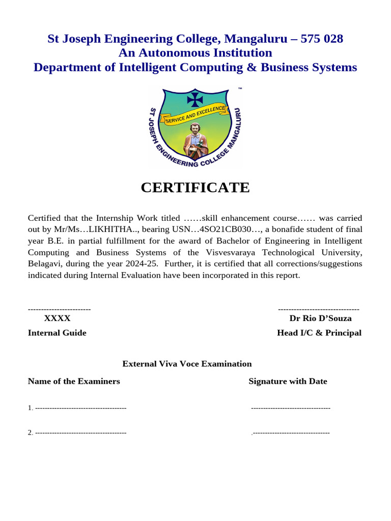 Internship Certificate for B.E. in Intelligent Computing | PDF