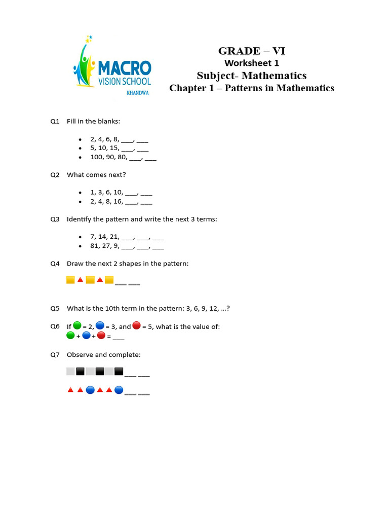 Grade VI Math Patterns Worksheet | PDF