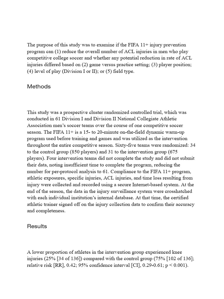 FIFA 11+ Reduces ACL Injuries in Soccer | PDF | Clinical Medicine ...