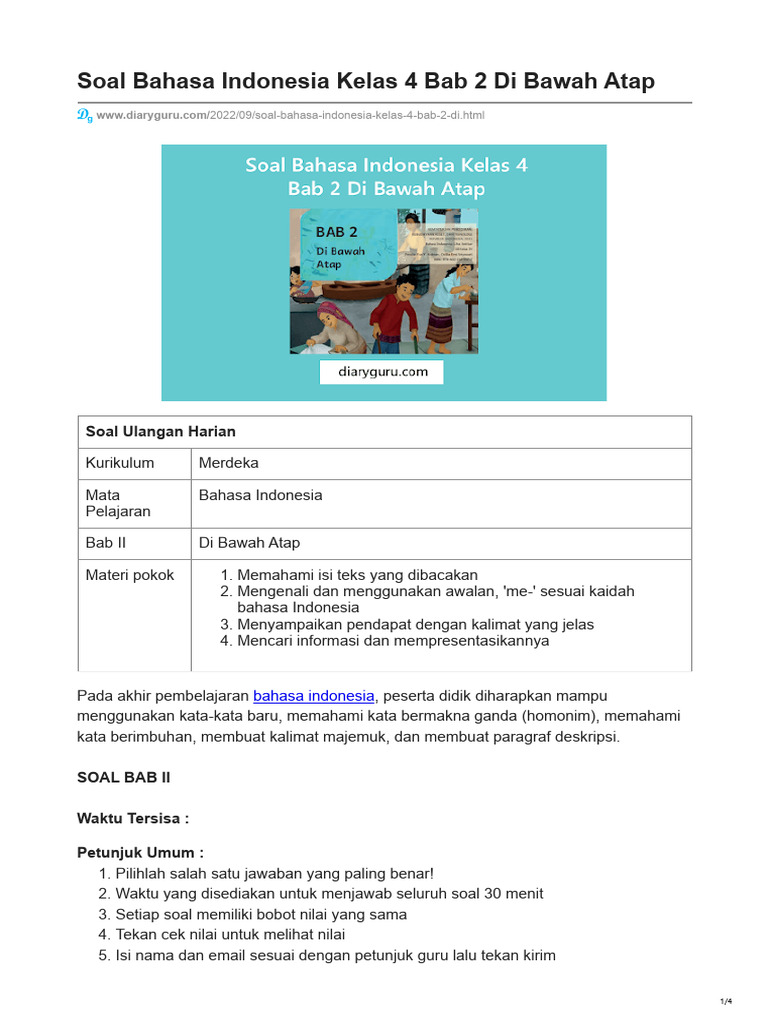 Diaryguru.com-Soal Bahasa Indonesia Kelas 4 Bab 2 Di Bawah Atap | PDF