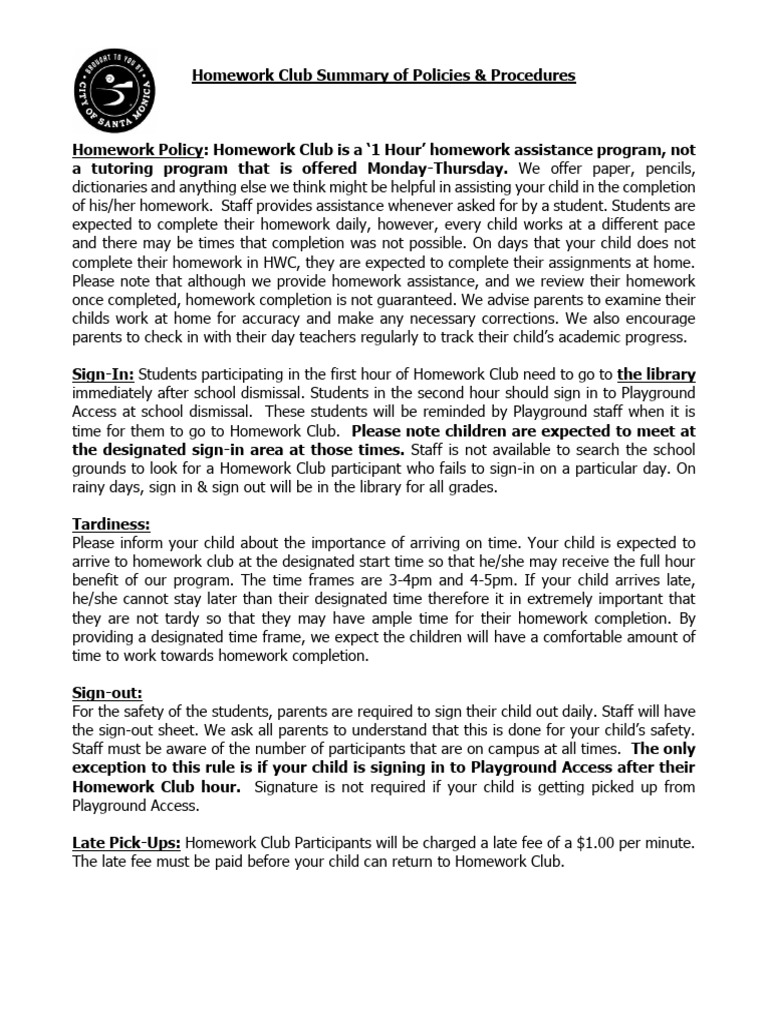 Homework Club Policies & Procedures Guide | PDF | Homework
