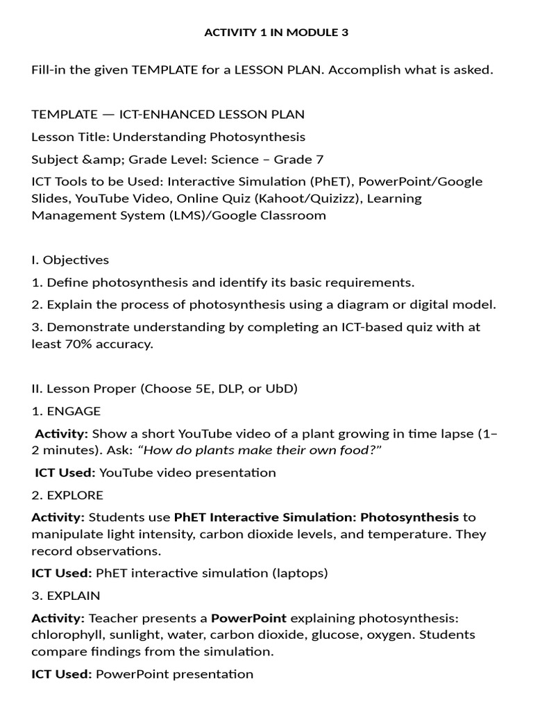ICT-Enhanced Photosynthesis Lesson Plan | PDF