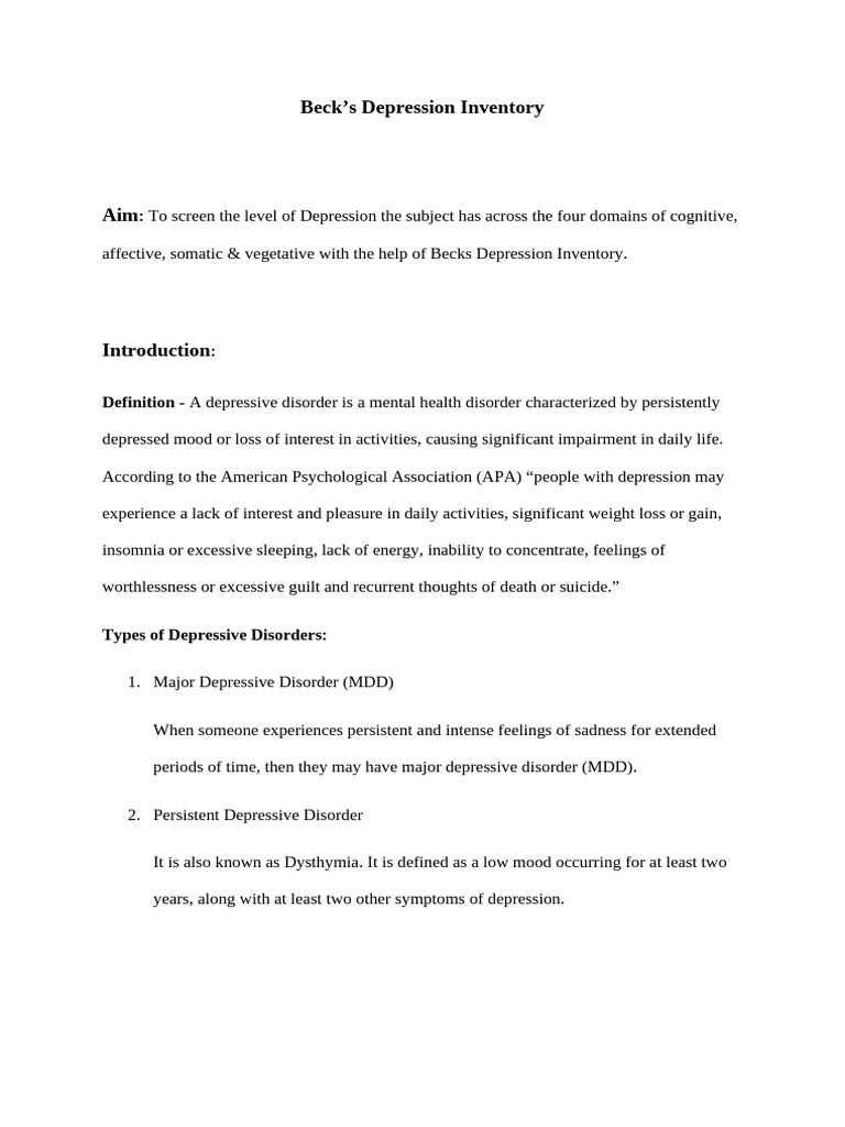 Beck's Depression Inventory Overview | PDF | Major Depressive Disorder ...