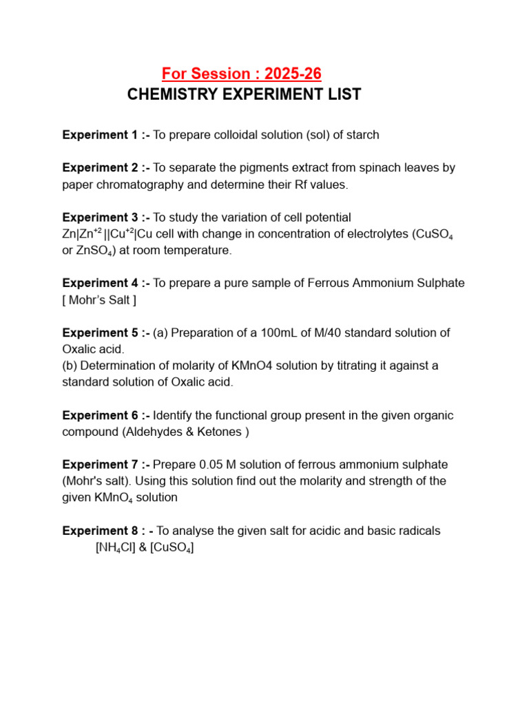 Chemistry Experiment List 2025-26 | PDF