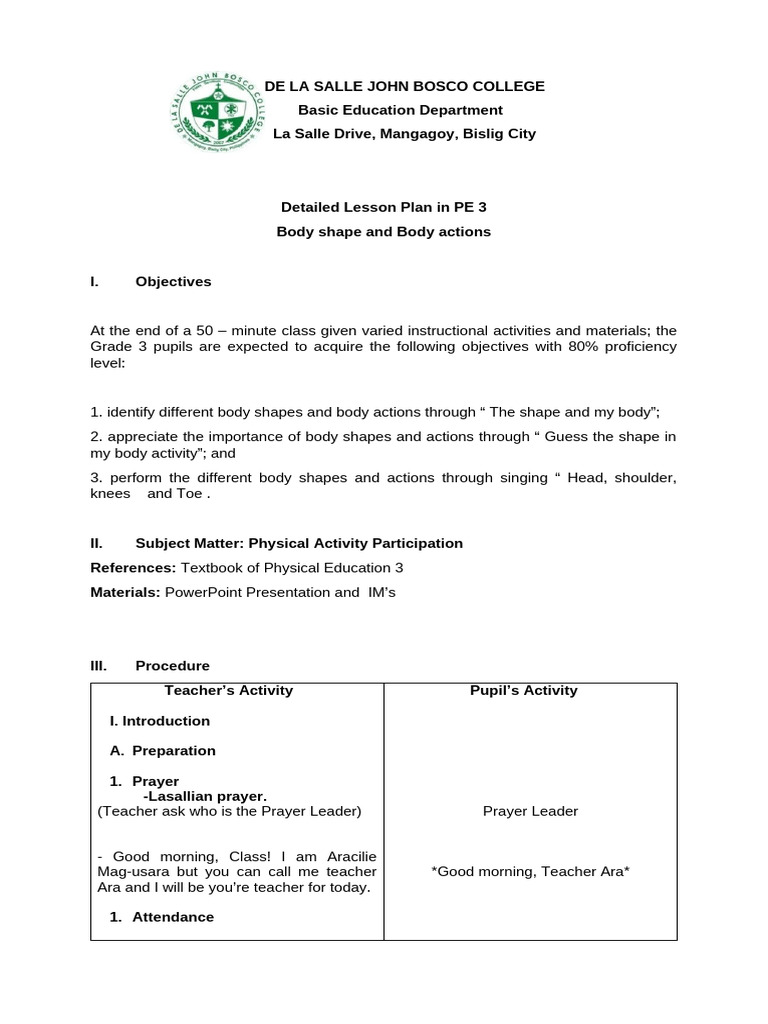 PE 3 Lesson Plan: Body Shapes & Actions | PDF | Physical Education ...