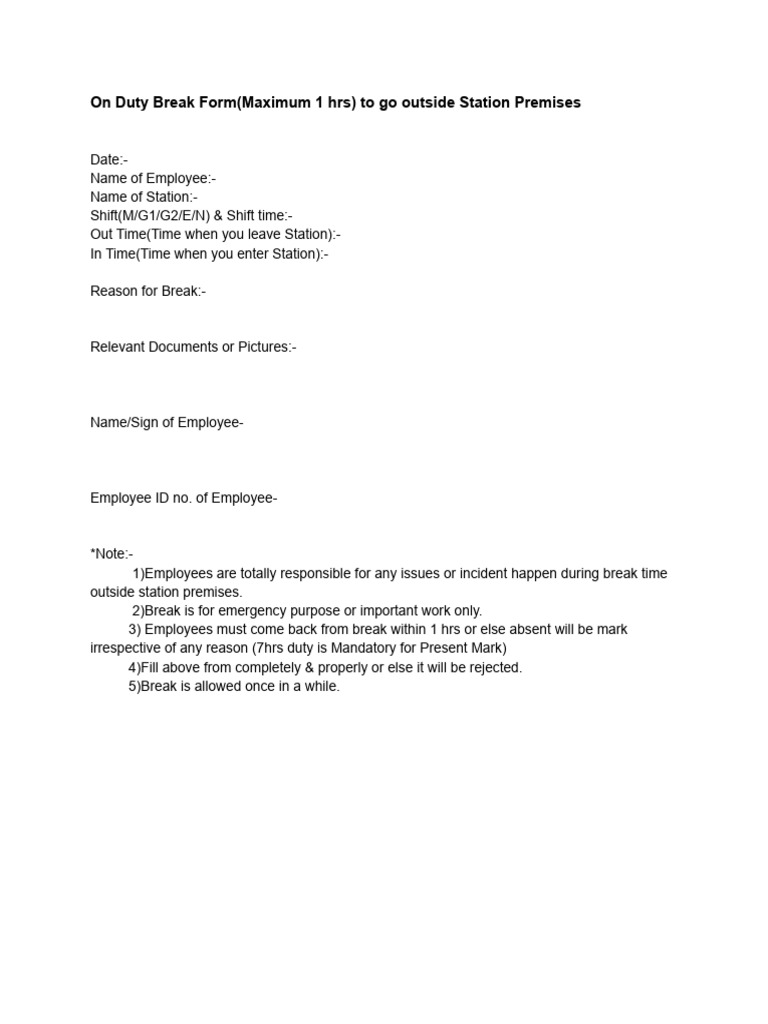 Duty Break Form for Employees | PDF