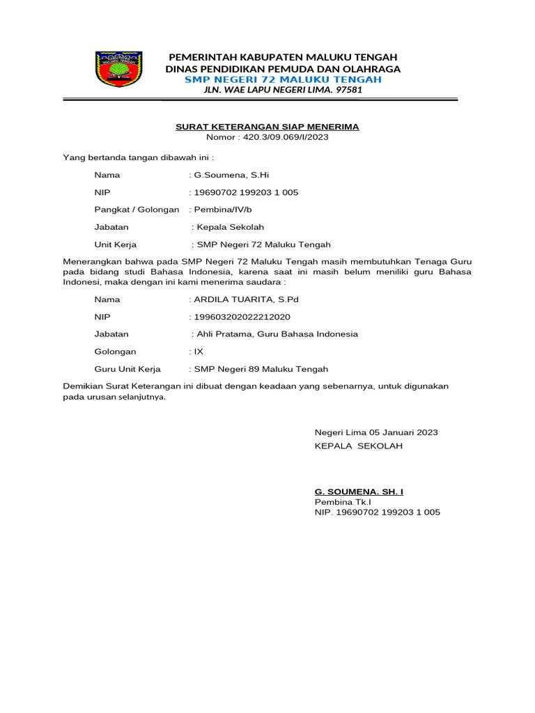 Surat Keterangan Siap Menerima | PDF