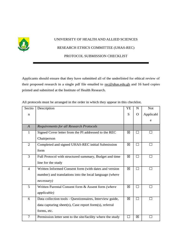 UHAS Research Ethics Protocol Checklist | PDF | Mental Health ...