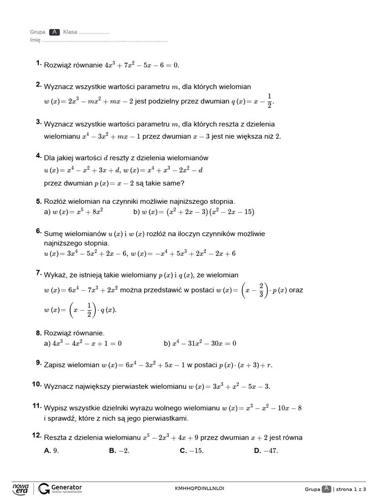 Wielomiany Poziom Podstawowy Test | PDF