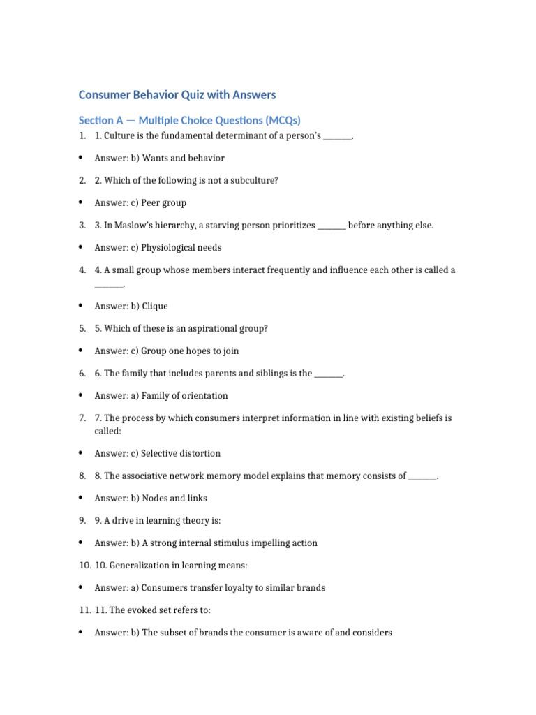 Consumer Behavior Quiz: MCQs & Answers | PDF | Brand | Consumer Behaviour