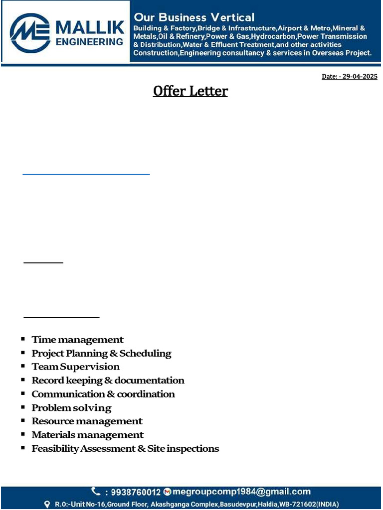 Offer Letter for Site Engineer Position | PDF | Employment | Business
