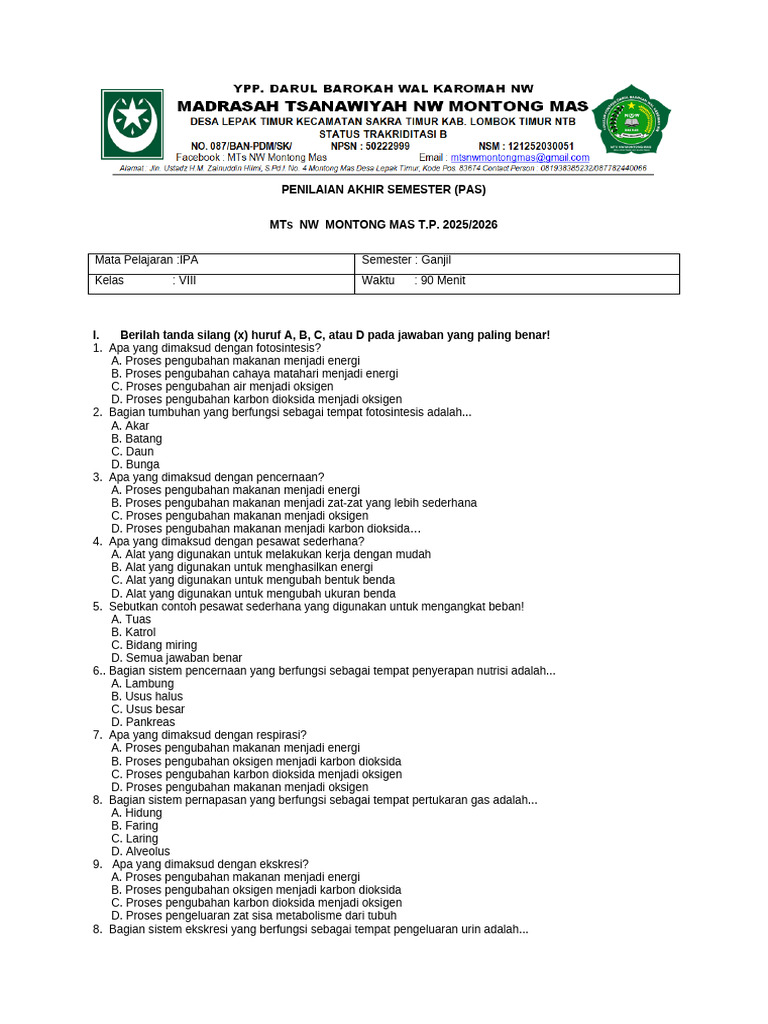 Penilaian Akhir Semester (Pas) Mts NW Montong Mas T.P. 2025/2026 | PDF