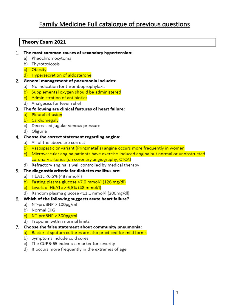 Family Medicine Exam Questions 2021 | PDF | Heart Failure | Hypertension