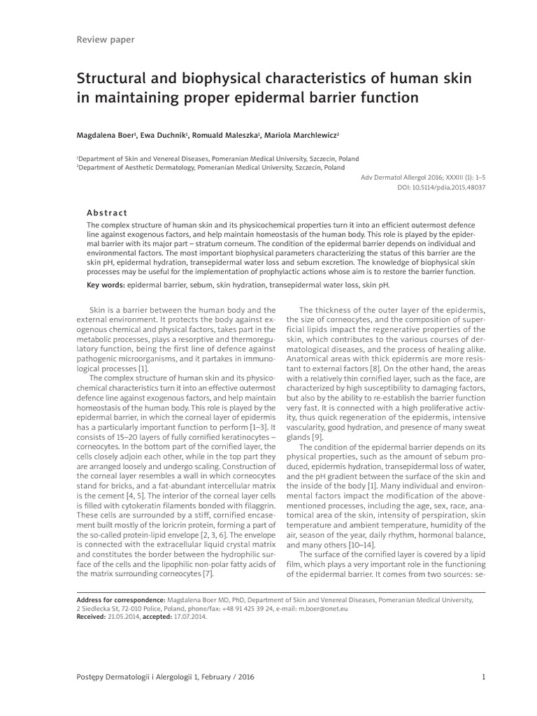 Epidermal Barrier Function in Skin Health | PDF | Epidermis | Skin