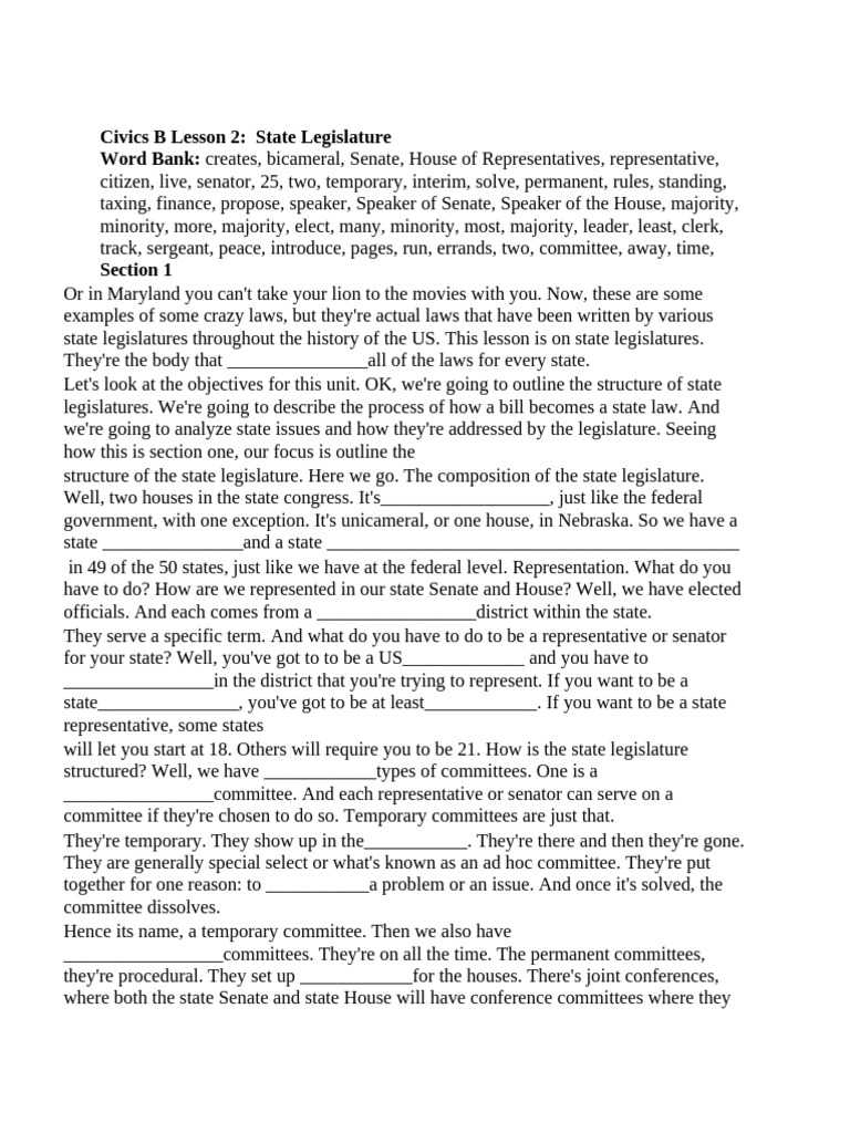 Civics B Lesson 2 State Legislature | PDF | Bill (Law) | State ...